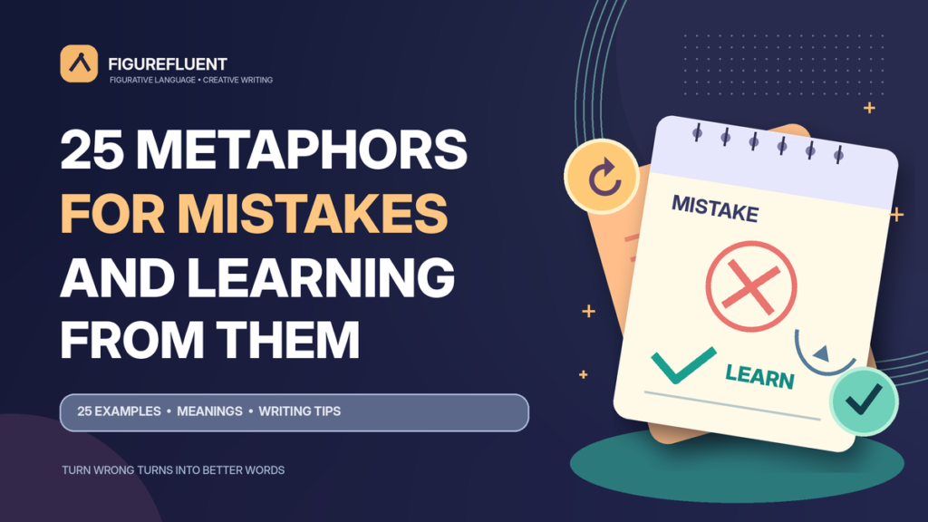 25 metaphors for mistakes and learning from them illustrated with a notebook, mistake symbol and learning checkmark