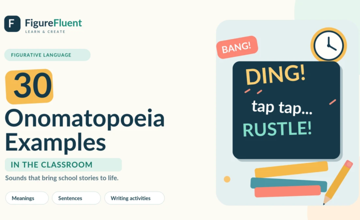 30 onomatopoeia examples in the classroom with sound words ding, bang, tap and rustle